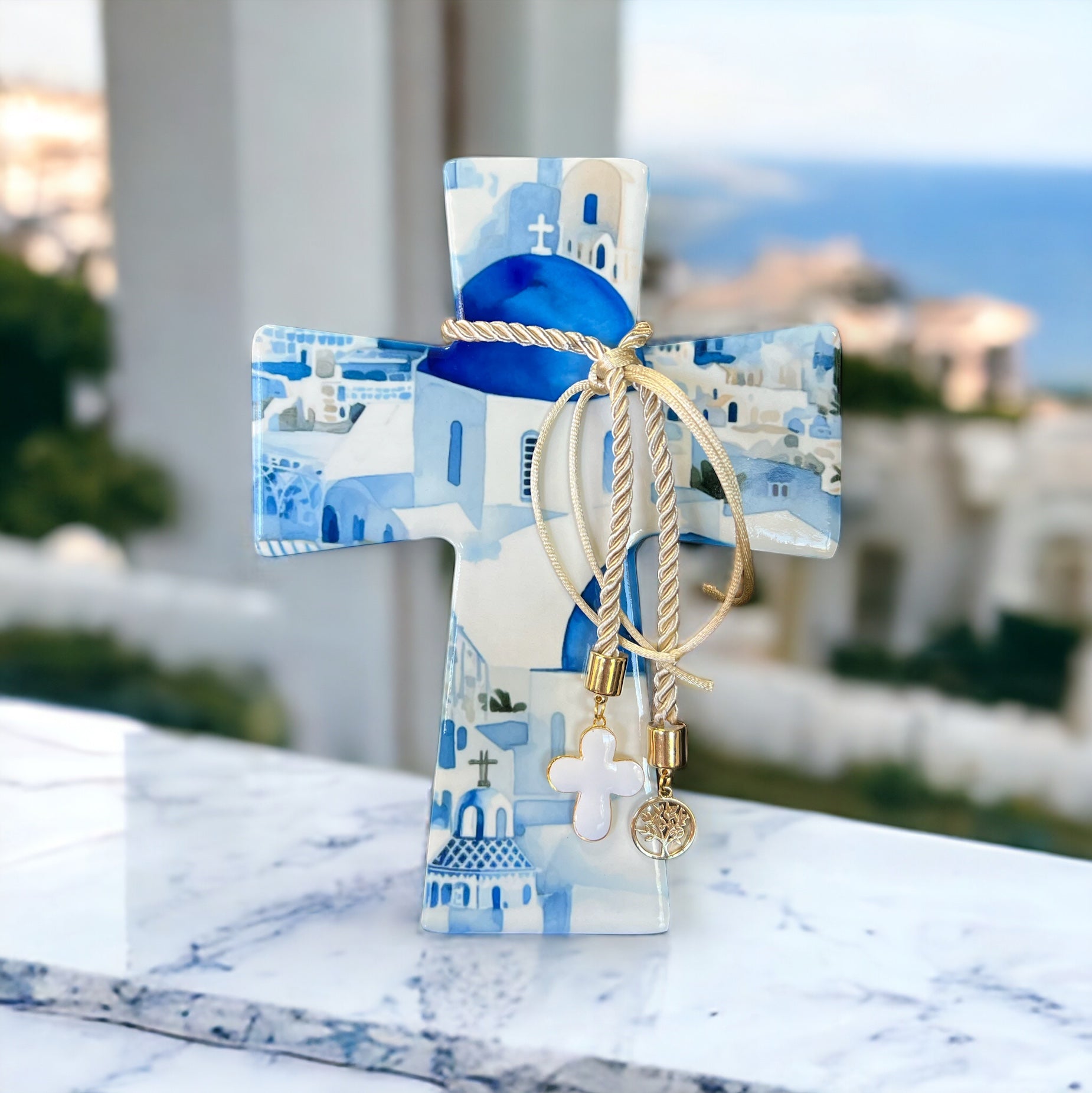 Santorini Church Depicted On Ceramic Cross