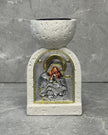 White stone Orthodox incense burner with silver and gold Glykophilousa icon of Mother Mary and Jesus