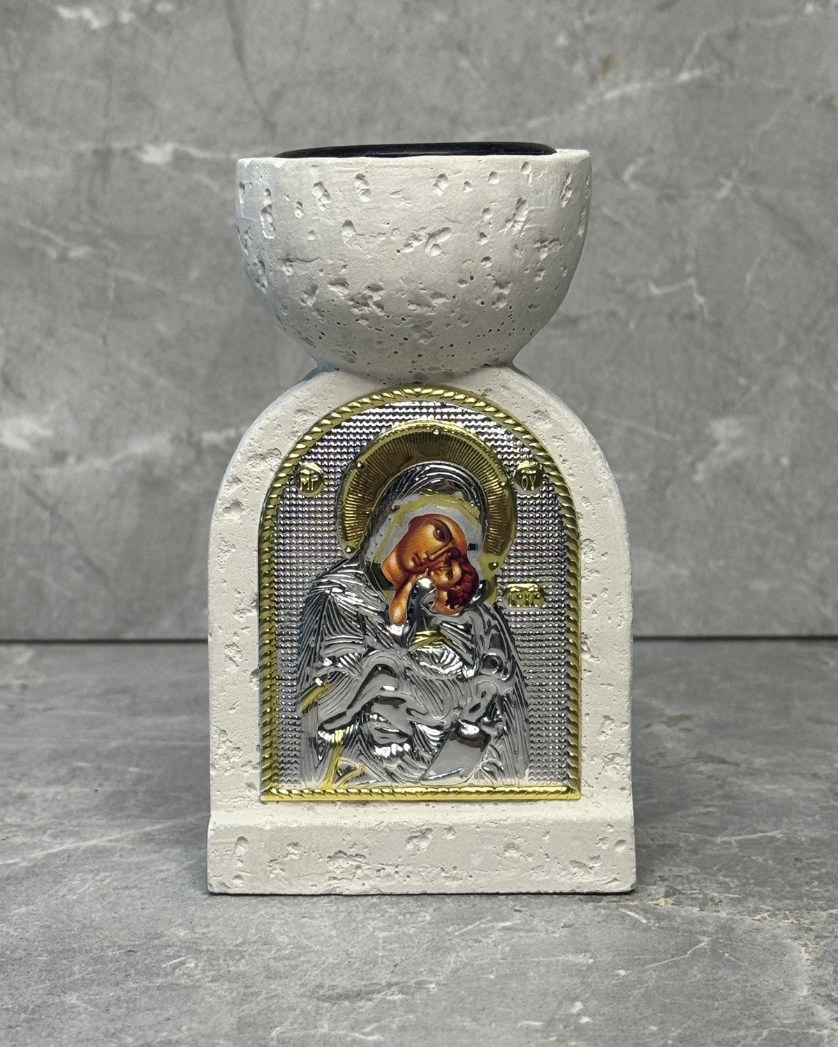 White stone Orthodox incense burner with silver and gold Glykophilousa icon of Mother Mary and Jesus
