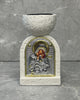 White stone Orthodox incense burner with silver and gold Glykophilousa icon of Mother Mary and Jesus
