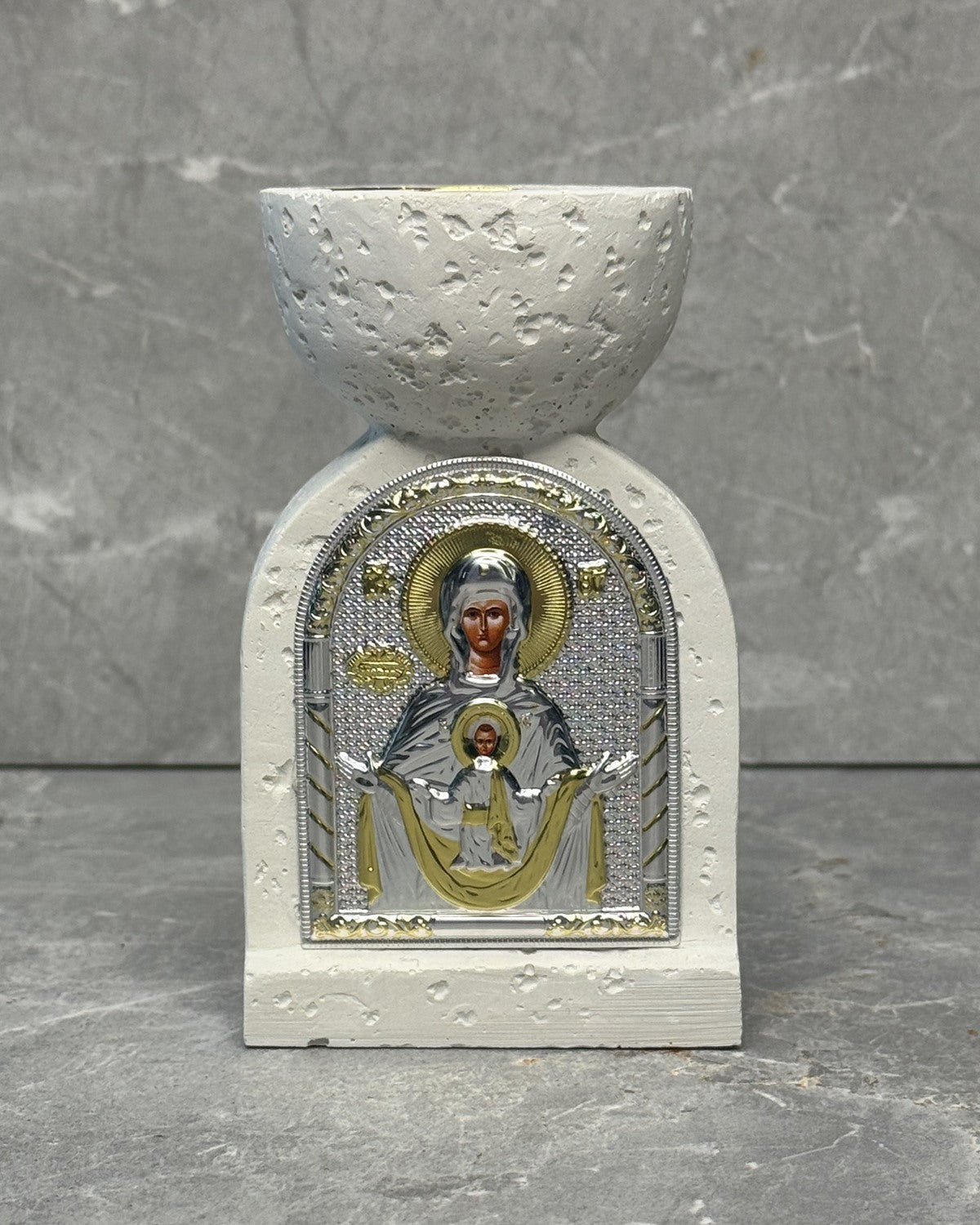White stone incense burner with Panagia icon of Mother Mary and Jesus
