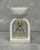 White stone incense burner with Panagia icon of Mother Mary and Jesus