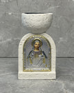 White stone incense burner with Sacred Heart of Jesus icon