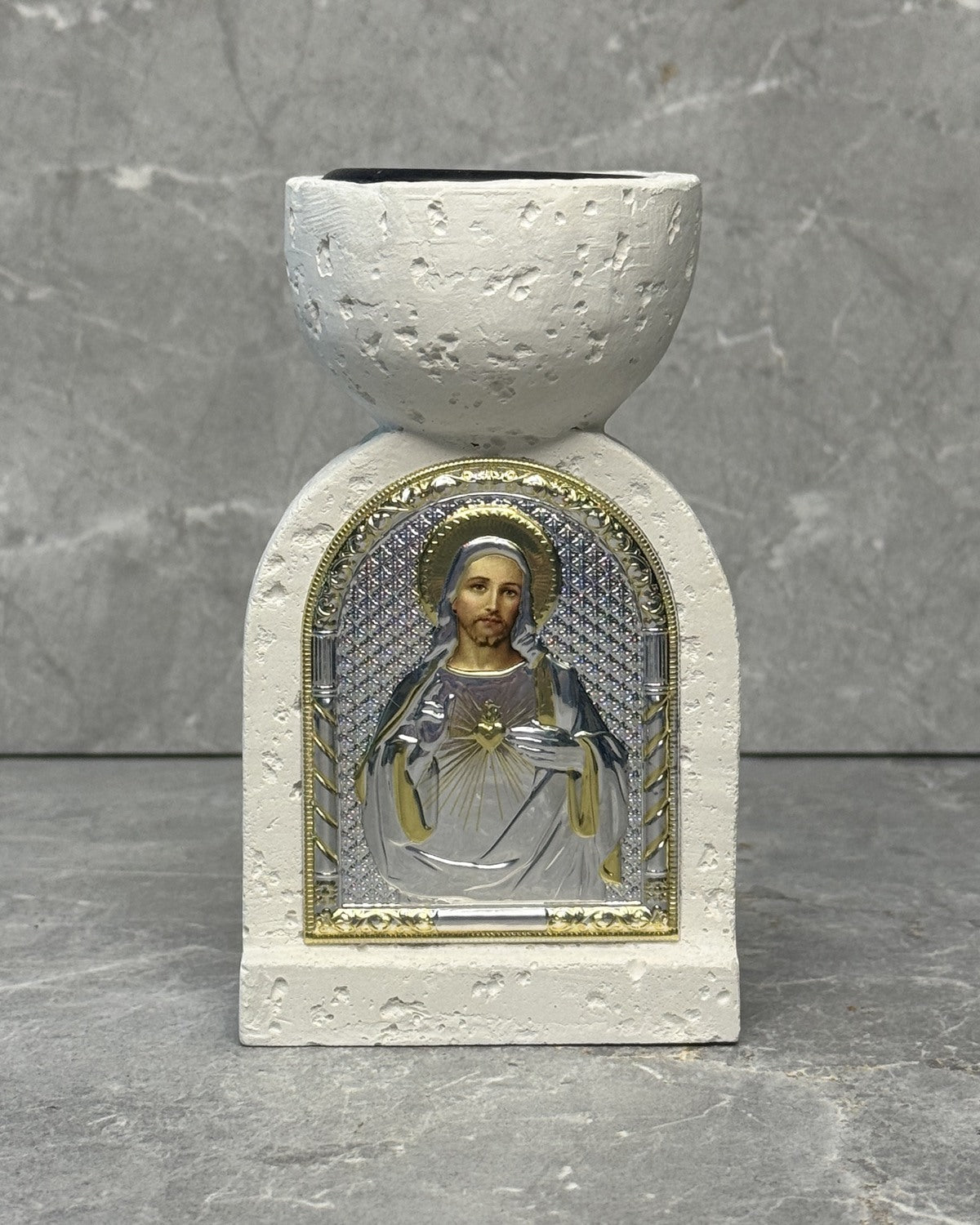 White stone incense burner with Sacred Heart of Jesus icon