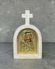 White stone cross icon with gold Glykophilousa icon of Mother Mary and Jesus
