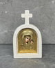 White stone Catholic cross icon with gold Panagia Kazan icon of Mother Mary