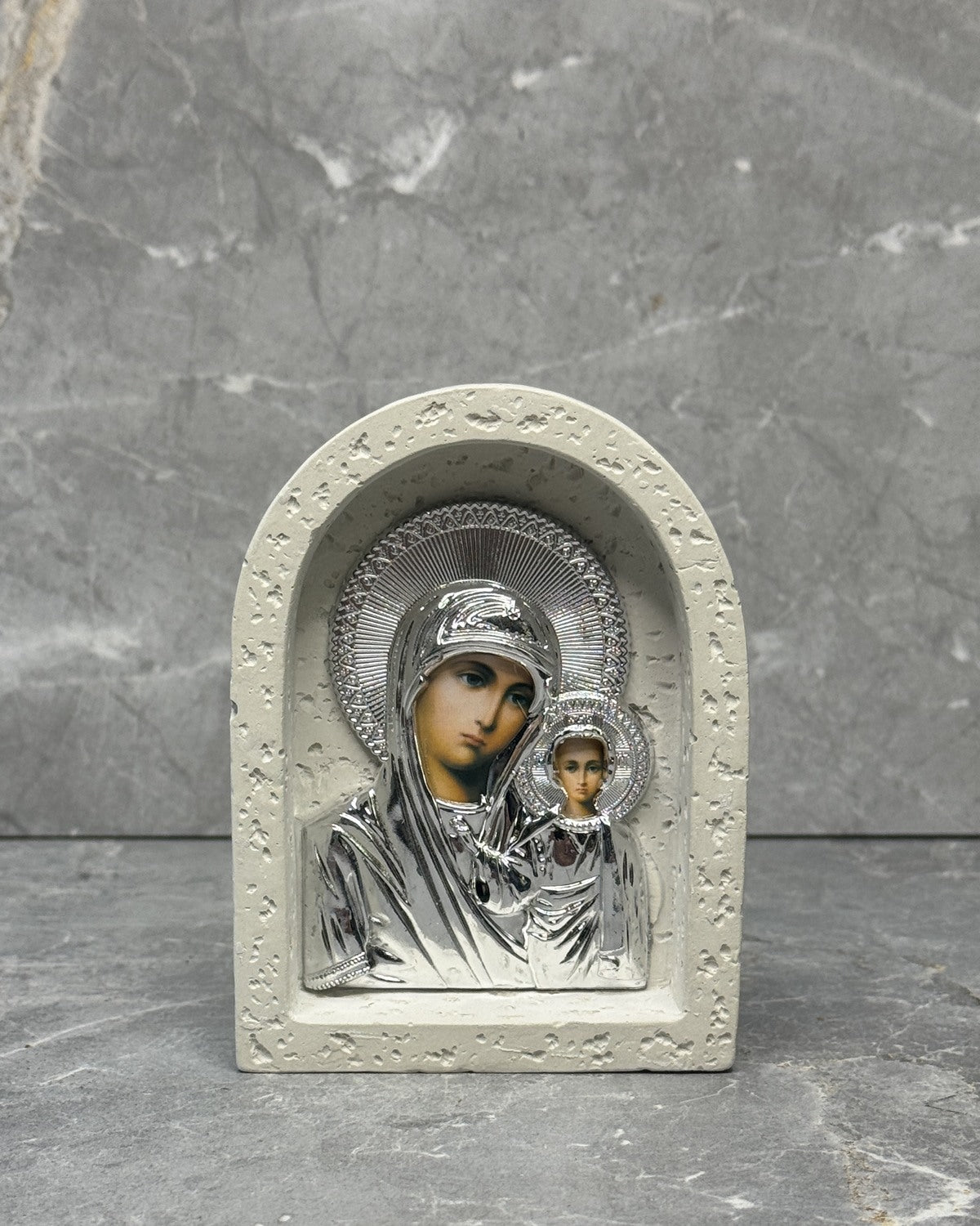 White stone icon of Mother Mary and Jesus, Panagia Kazan