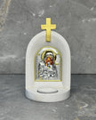 White stone Orthodox candle altar with Glykophilousa icon of Mother Mary and Jesus