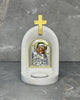 White stone Orthodox candle altar with Glykophilousa icon of Mother Mary and Jesus