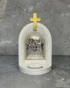 White stone Catholic candle altar with gold Holy Family icon