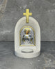 White stone candle altar with Sacred Heart of Jesus icon