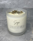 Sage soy wax candle in a pale glass jar