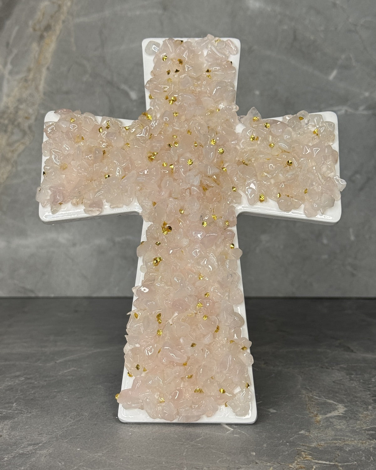 Blush quartz ceramic cross with gold detail