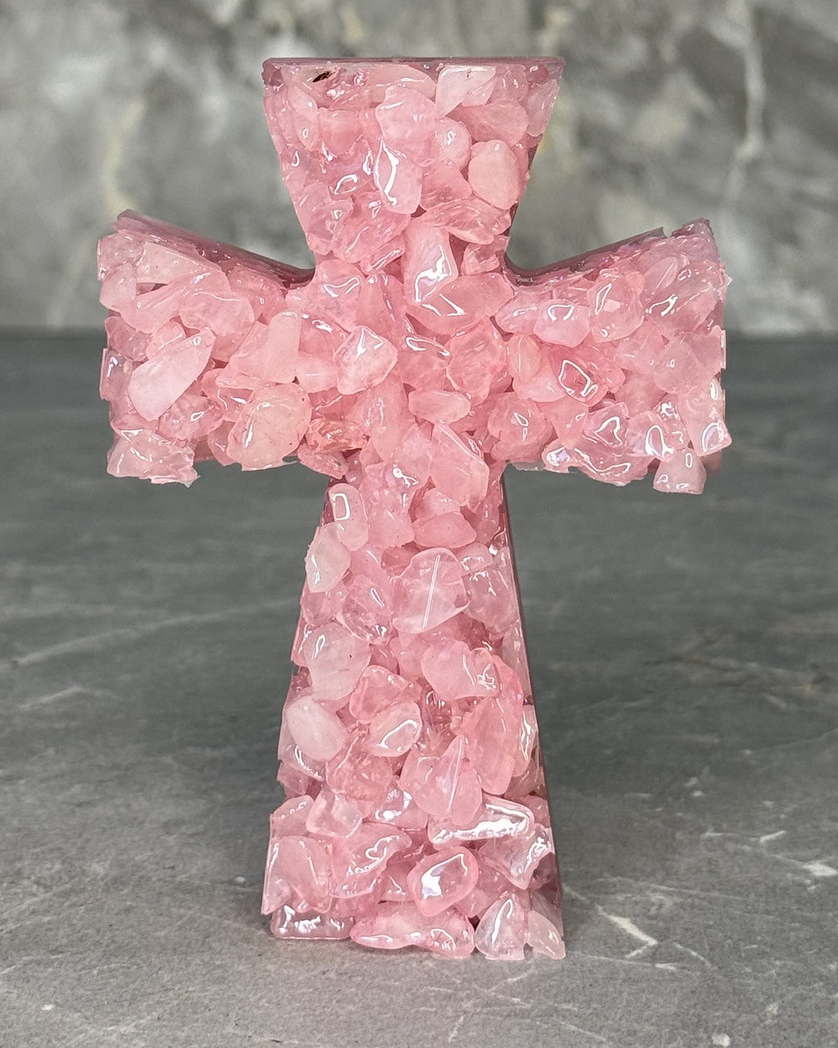 Rose pink quartz crystal cross