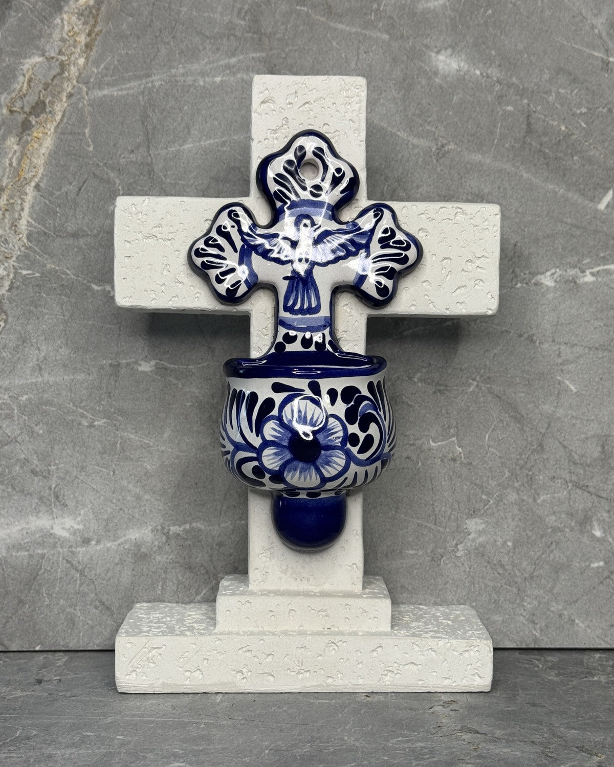 Talavera dove cross with holy water font