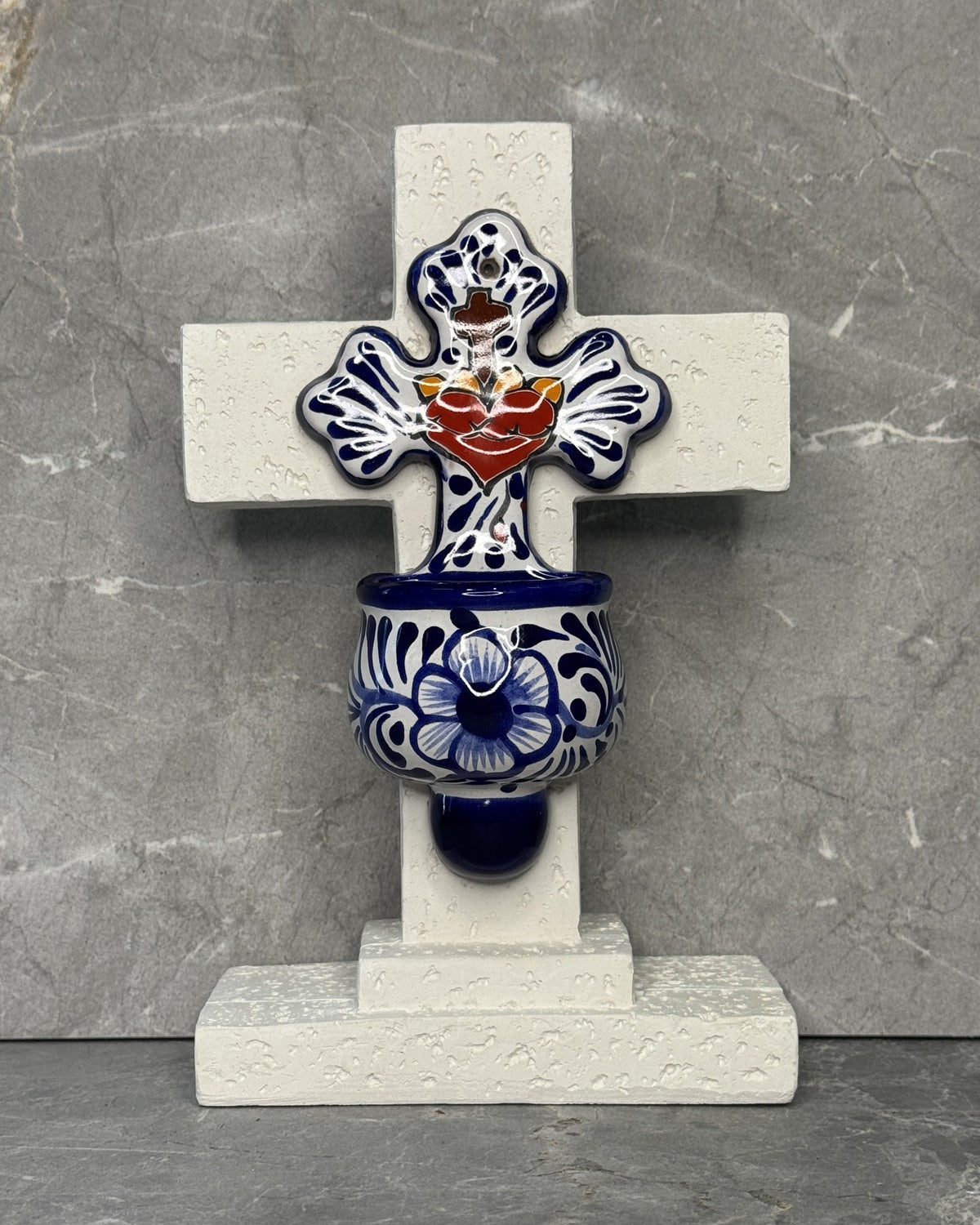 Talavera Sacred Heart cross with holy water font