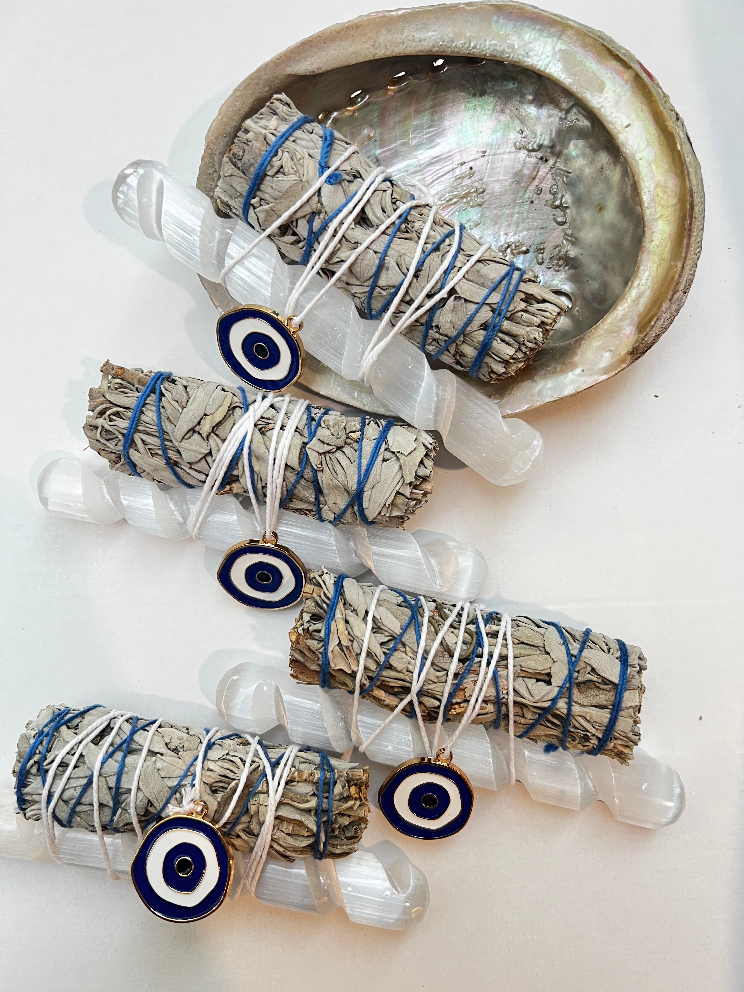 Sage & Selenite wand with Evil Eye Amulet