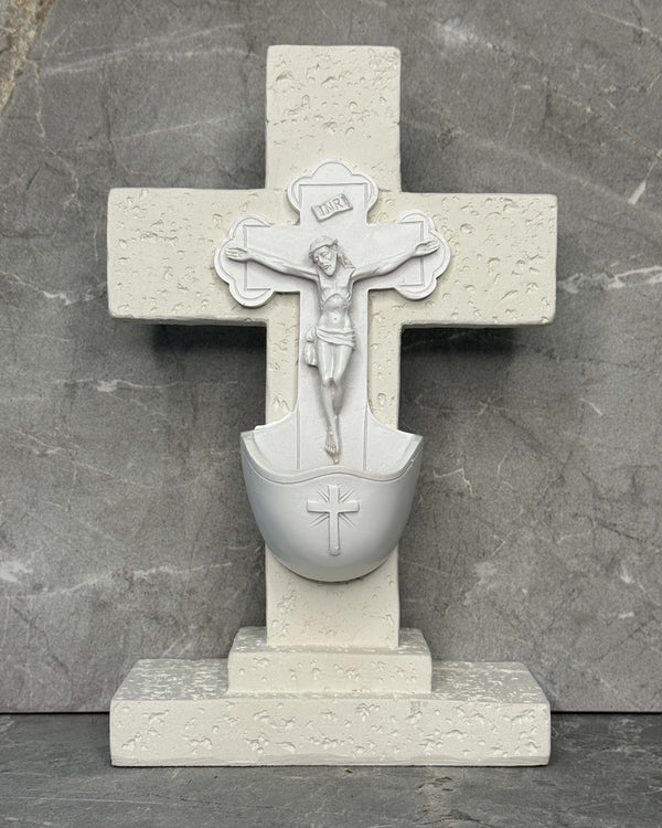Stone Standing Cross with Crucifix Holy Water Font