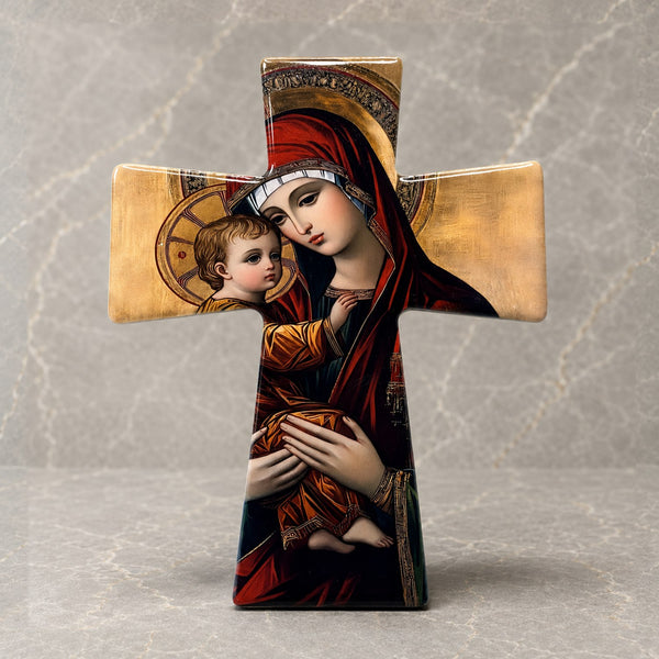 Mother Mary and Baby Jesus Orthodox Ceramic Cross