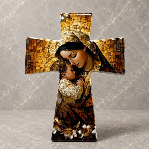 Mother Mary and Baby Jesus Catholic Ceramic Cross