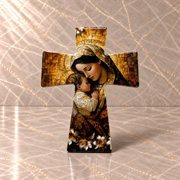 Mother Mary and Baby Jesus Catholic Ceramic Cross